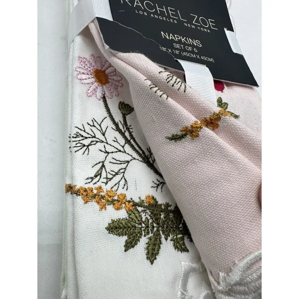 Rachel Zoe Cotton Blend Napkins Set of 6 18x18 Embroidered Floral Cottage Picnic